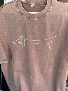 New Oversized Stonewashed Graphic Tee with Minimal Dachshund Line Art